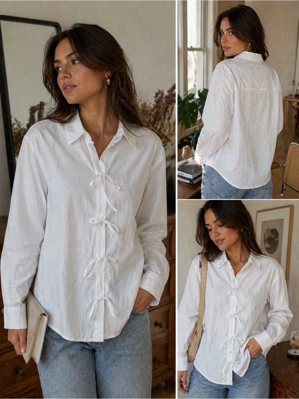Women’s White Tie-Front Button Shirt - Casual Collared Top